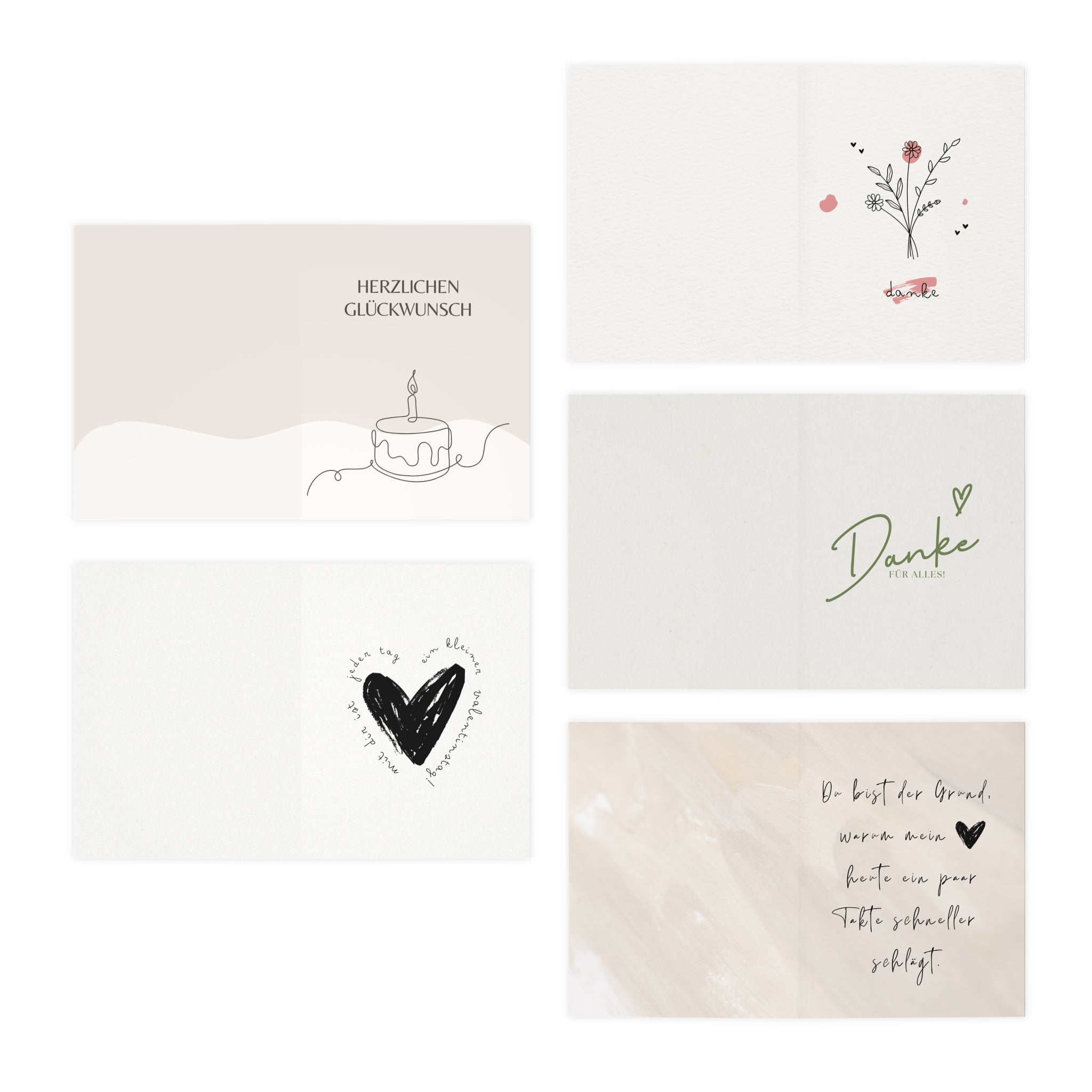 Grußkarten-Set "Seelenkompass" —  Danke, Herz, Geburtstag (5-Pack)